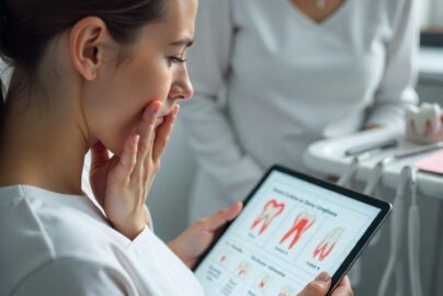 Dentist explaining symptoms after a dental filling to a patient in discomfort.
